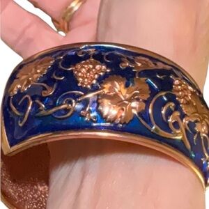 Vintage Blue Enamel Grape and Vine Hinged Bangle Bracelet Statement Cuff